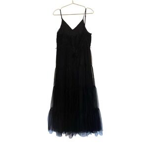MOTF Black Tulle Maxi Dress Spaghetti Strap Tiered Sheer Overlay Size L